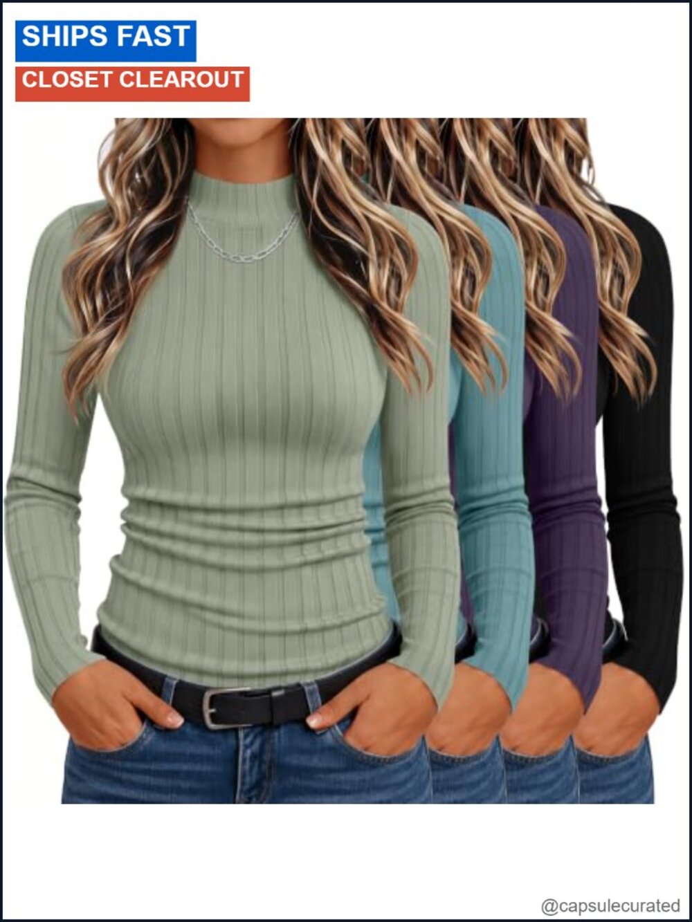 4 Pack Womens Cotton Turtleneck Long Sleeve Shirts Ribbed Fitted Tops
